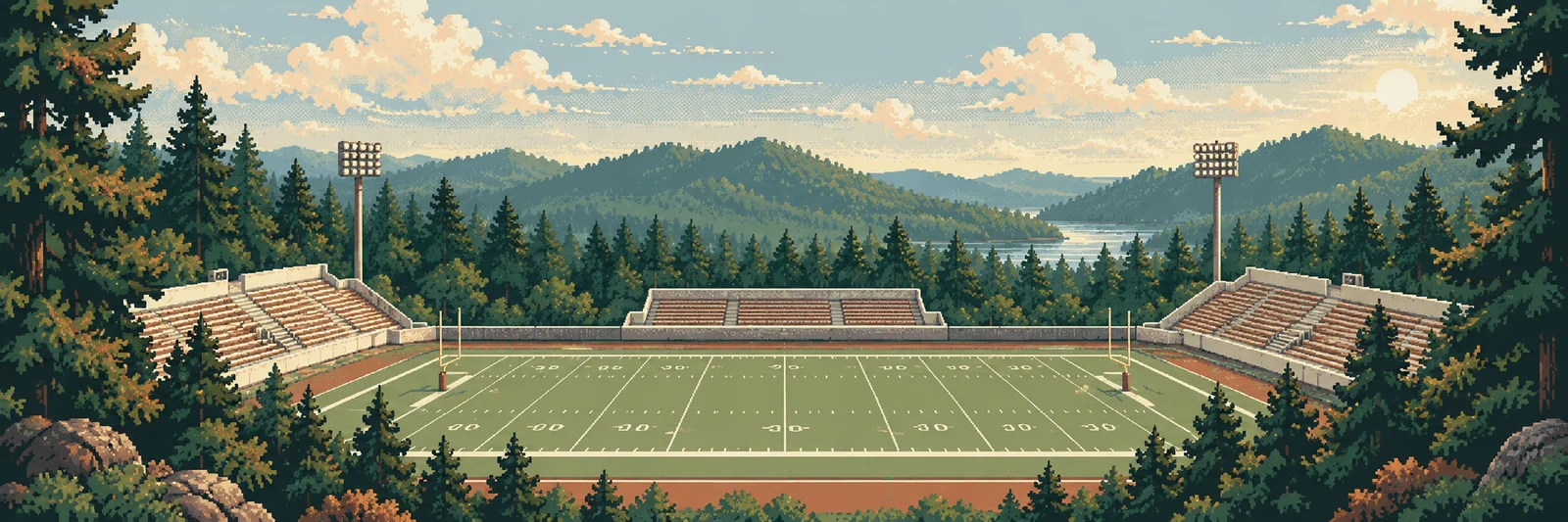 A pixel-art football ground surrounded by forest
